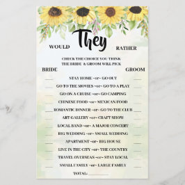 Würden sie eher Sonnenblumendusche Spielkarte mach Flyer
