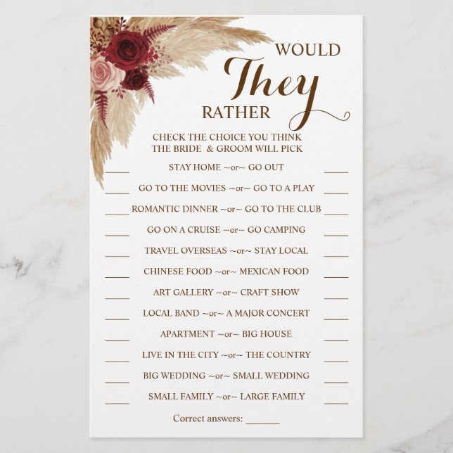 Würden sie lieber Pampas Grass Shower Game Card Flyer (Vorne)