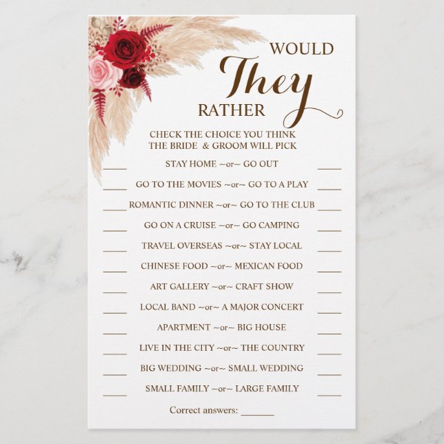 Würden sie lieber Pampas Grass Shower Game Card Flyer (Vorne)