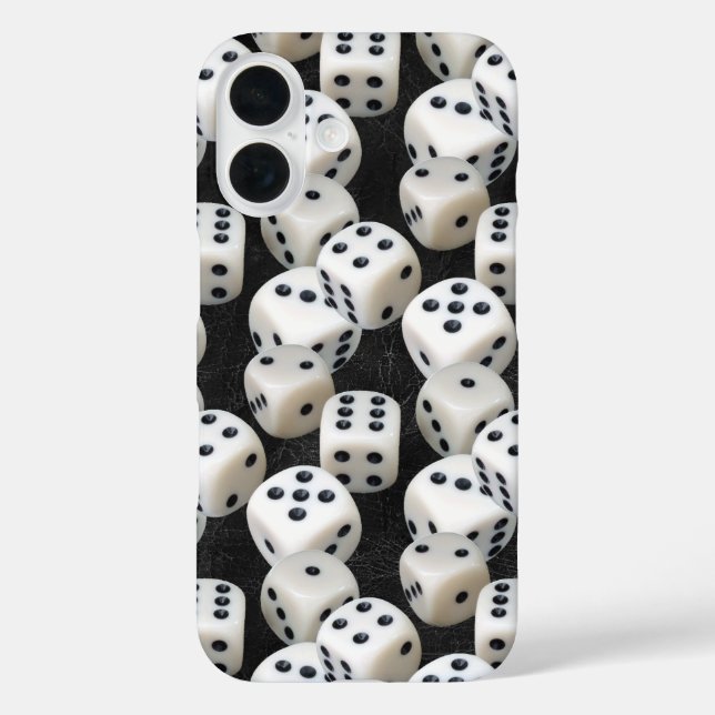 Würfel auf schwarzem Leder iPhone 16 Hülle (Rückseite)