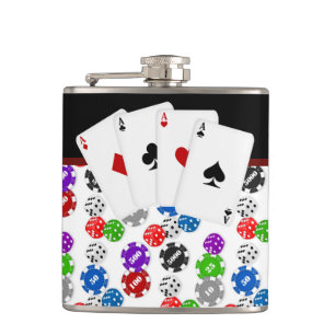 Würfel Chips und Ass Poker Flachmann