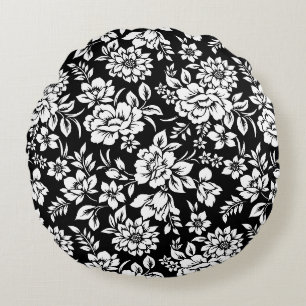 Wurfkissen Schwarz & Weiß Floral Rundes Kissen