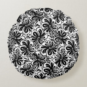 Wurfkissen Schwarz & Weiß Floral Rundes Kissen