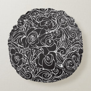 Wurfkissen Schwarz & Weiß Floral Rundes Kissen