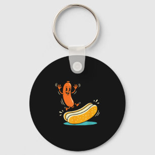 Wurst-Cartoon springt in Brötchen Wurst albernes E Schlüsselanhänger