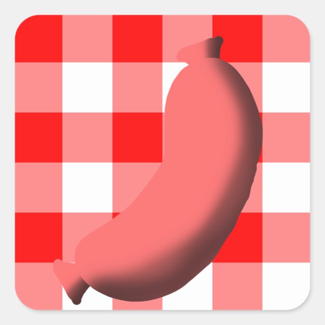 Wurst mit/Rot/Weißer Gingham/Karierter Hintergrund Quadratischer Aufkleber (Vorderseite)