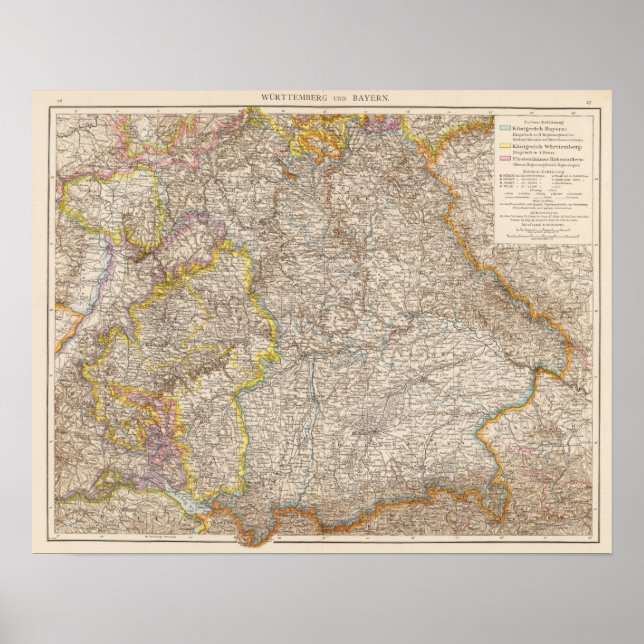 Wurttemberg, Bayern Atlas Karte Deutschland Poster (Vorne)