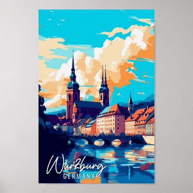 Würzburg Deutschland Vintage-Illustration Poster (Vorne)