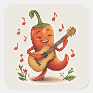 Würzige Melodien – Fröhliche Chili-Pfeffer-Gitarre Quadratischer Aufkleber
