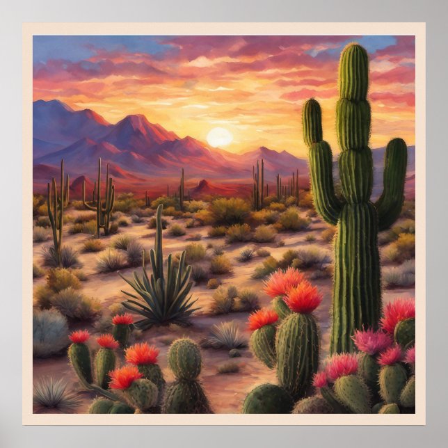 Wüste Blühende Kakteen Colorful Sunrise Art Poster (Vorne)