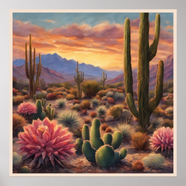 Wüste Cactus Mountain Sunrise Dramatique Poster (Vorne)
