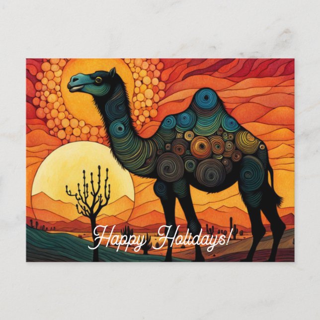 Wüste Camel bei Sonnenuntergang farbenfrohe Feiert Postkarte (Vorderseite)