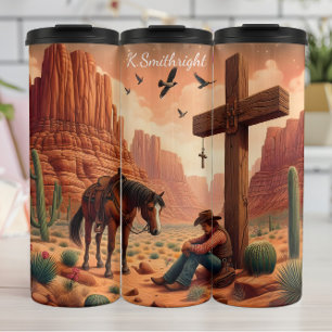 Wüste Cowboy Gebet Cross Pferde Serene Thermosbecher