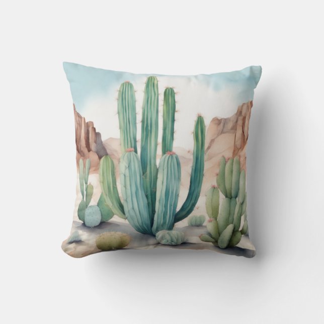 Wüste Inspiriert Aquarellkaktus dekorativ Kissen (Vorderseite)