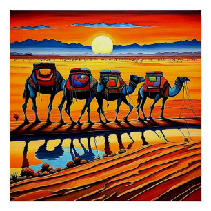 Wüste Kamelkarawane bei Sonnenuntergang 4 Poster