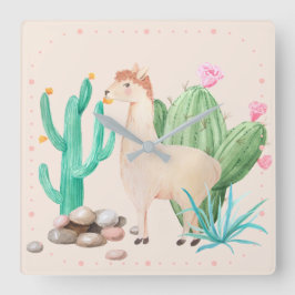 Wüste LIama Cactus Blume Quadratische Wanduhr