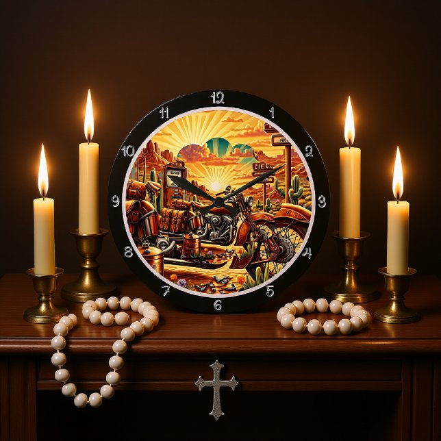Wüste Motorrad Sunset Große Wanduhr (Von Creator hochgeladen)