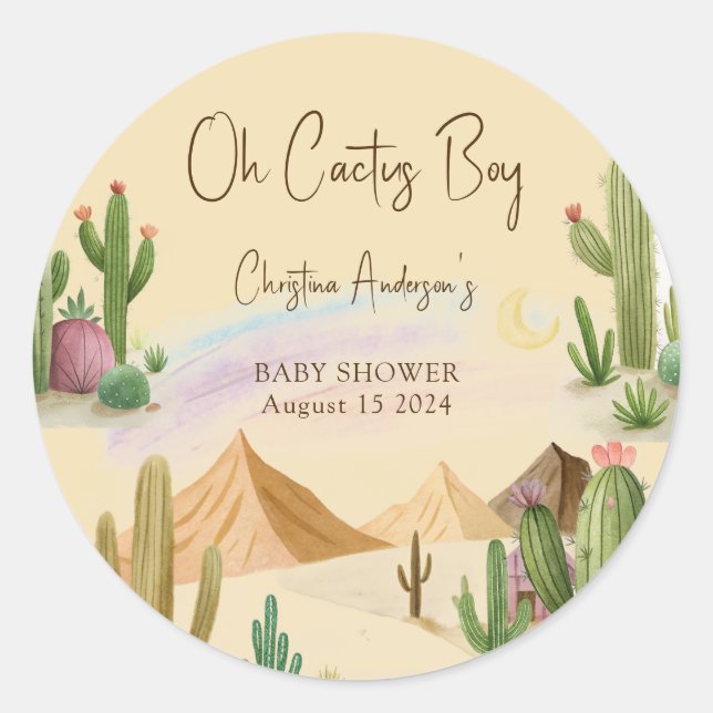 Wüste Oh Cactus Boy Boho Arch Baby Shower Runder Aufkleber (Vorderseite)