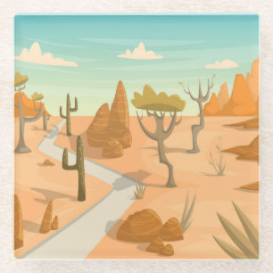Wüste Road Landschaft: Cartoon Vintag. Glasuntersetzer