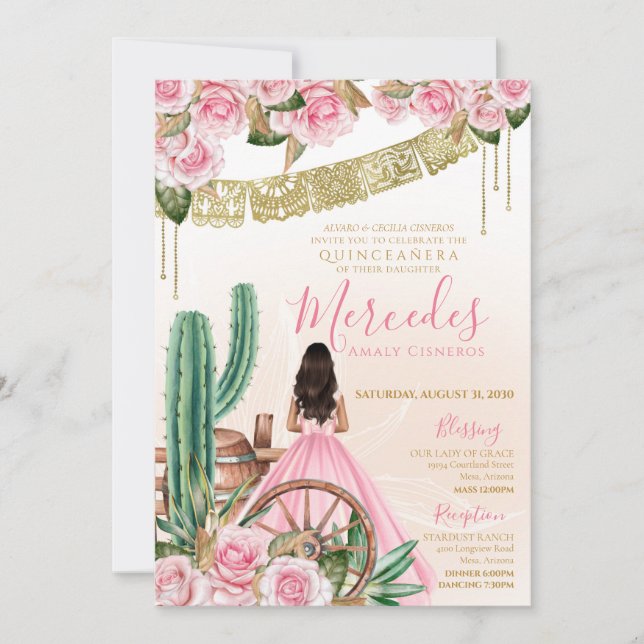 Wüste Rose Pink Charra Quinceanera Western Cactus Einladung (Vorderseite)