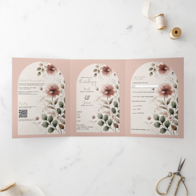 Wüste Rose Pink & Green Blumengrün Hochzeit Dreifach Gefaltete Einladung (Innenseite)