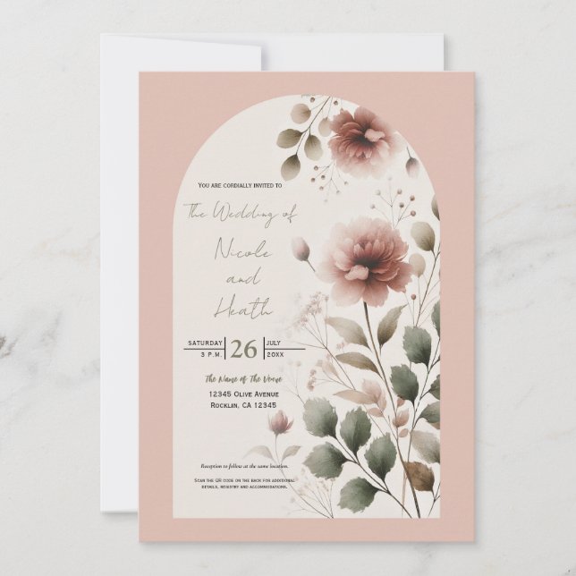 Wüste Rose Pink & Green Blumengrün Hochzeit Einladung (Vorderseite)