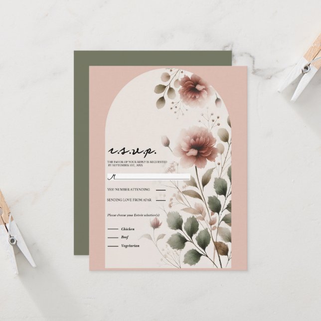 Wüste Rose Rosa Blumengrün Hochzeit RSVP Einladung (Vorderseite/Rückseite Beispiel)