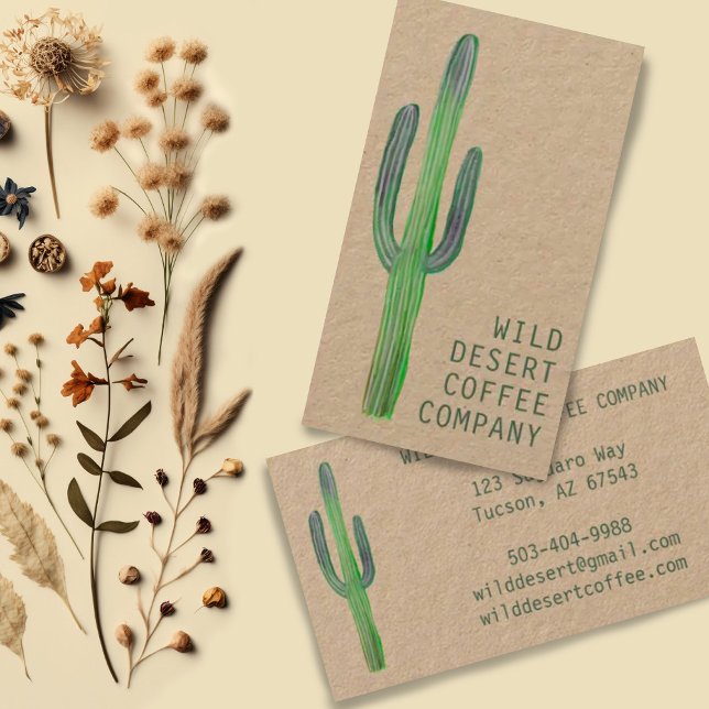 Wüste Saguaro Cactus Watercolor Unique Boho Kraft Visitenkarte (Hand painted saguaro cactus decorates this minimalist kraft business card, add your own text!)