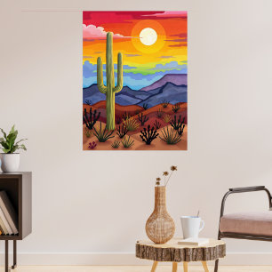 Wüste Sonnenuntergang mit Kaktus Landschaft Poster