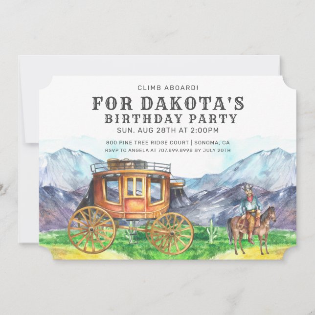 Wüste Stagecoach Cowboy Geburtstagsparty Einladung (Vorderseite)
