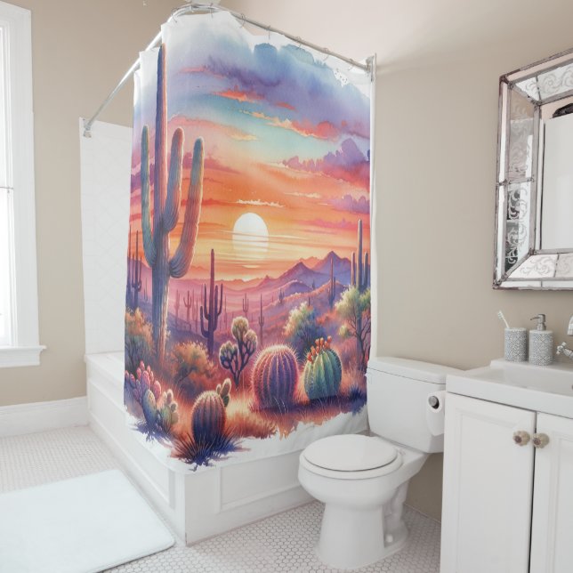 Wüste Sunset Glow Wasserfarbe Südwestliche Hochzei Duschvorhang (Beispiel)