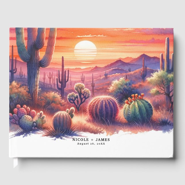Wüste Sunset Glow Wasserfarbe Südwestliche Hochzei Gästebuch (Vorderseite)