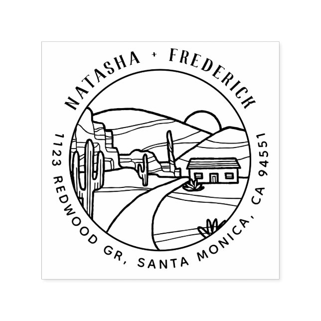 Wüste Sunset | Rustikale Kaktus Runde Rücksendeadr Permastempel (Design)