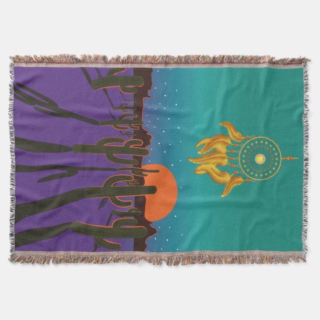 Wüste von Arizona am Abend mit Gold Dream Catcher Decke (Vorderseite)