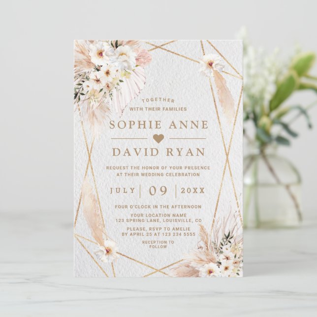 Wüste White Roses Pampas Grass Gold Hochzeit Einladung (Stehend Vorderseite)