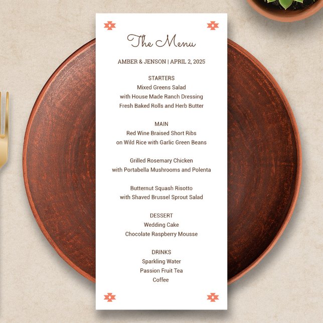 Wüsten-Chic-Sedona-Hochzeitsmenü Programm (Desert Chic Sedona Wedding Menu Card)