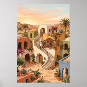 Wüsten-Dorf-Sonnenuntergang-Kunst - Boho-farbige H Poster
