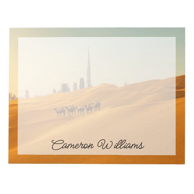 Wüsten | Dubais Skyline-Ansicht mit Kameln Notizblock (Vorderseite)