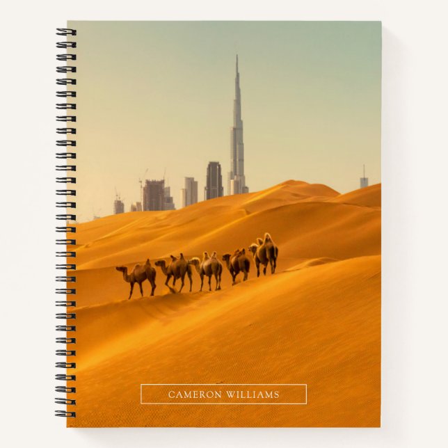 Wüsten | Dubais Skyline-Ansicht mit Kameln Notizbuch (Vorderseite)