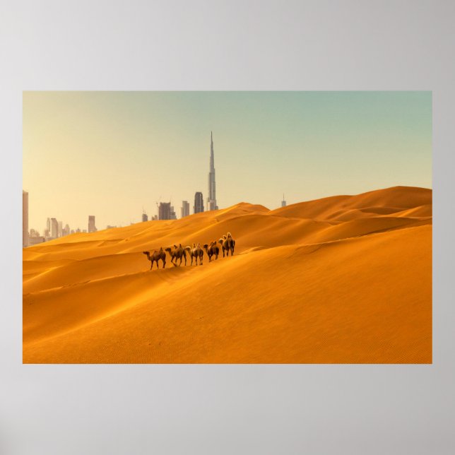 Wüsten | Dubais Skyline-Ansicht mit Kameln Poster (Vorne)