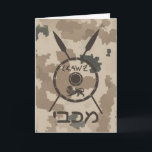 Wüstenabschirm und Speere Feiertagskarte<br><div class="desc">Eine militärisch-braune "gedämpfte" Darstellung eines Maccabee-Schildes und zwei Speere auf einem Wüstenhintergrund. Der Schild wird von einem Löwen und Text mit dem Text "Israel" (Israel) im Paleo-Hebräischen Alphabet geschmückt. Auch der hebräische Text mit "Maccabee" erscheint. Fügen Sie Ihren eigenen zusätzlichen Text hinzu. Die Maccabees waren jüdische Rebellen, die Juden aus...</div>