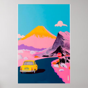 Wüstenautobahn-Kunstprint Gelbes Auto, Vulkan Poster
