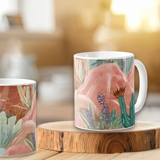 Wüstenblüten-Wasserfarbenlandschaft in Rosa Kaffeetasse (Blush canyon mug with watercolor cacti and soft desert blooms in terracotta, sage, and lavender hues)