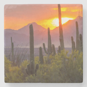 Wüstenkaktus Sonnenuntergang, Arizona Steinuntersetzer