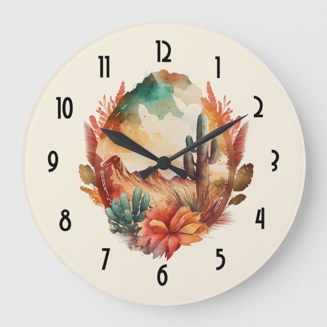 Wüstenkaktus und Gebirge Große Wanduhr (Vorderseite)
