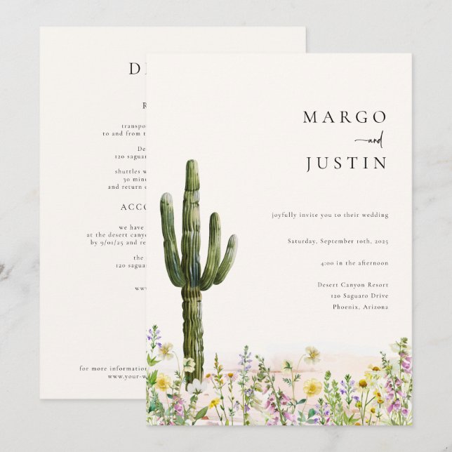 Wüstenkaktus Wildblume Wedding Einladung (Vorne/Hinten)