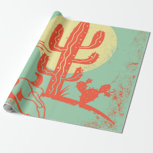 Wüstenlandschaft mit Kakteen und Kuhschädel. Vint Geschenkpapier