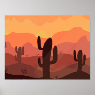 Wüstenlandschaft Zeichne mit Pflanze Poster