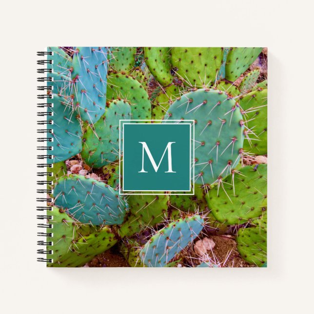 Wüstenmonogramm Prickly Pear Cactus Aquamarin Gree Notizbuch (Vorderseite)