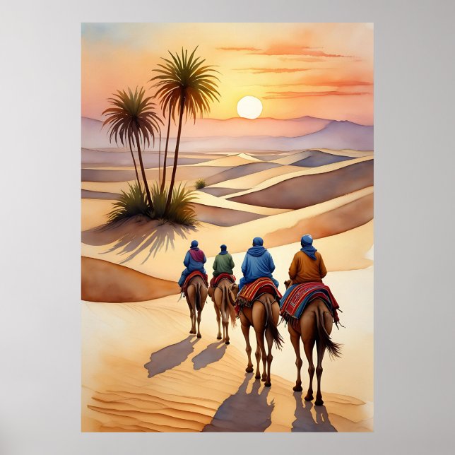 Wüstenreise bei Sunset - Nomadic Camel Caravan Poster (Vorne)